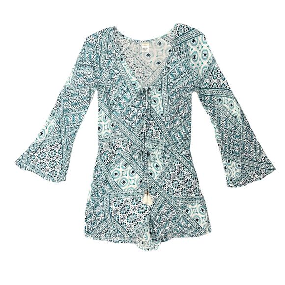 L Space Aubrey Romper Womens XS Extra Small Blue Patchwork Boho Tassel Tie Short - Picture 2 of 12